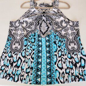 INC Halter Top, White with Black & Aqua Print, Plus Size 2X